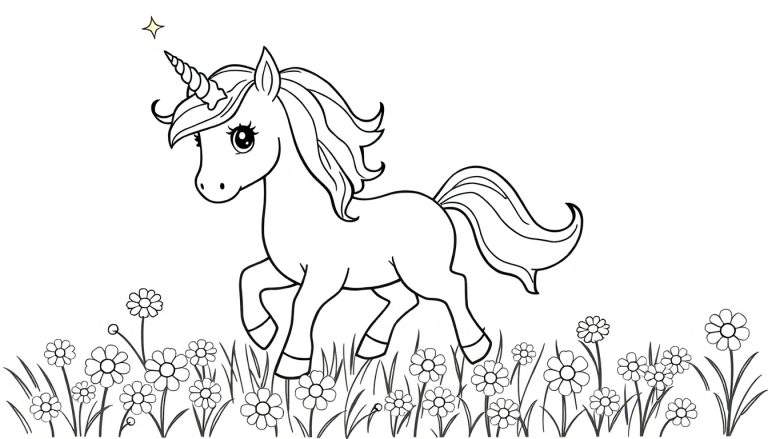 Placa de color de unicornio corriendo entre flores.