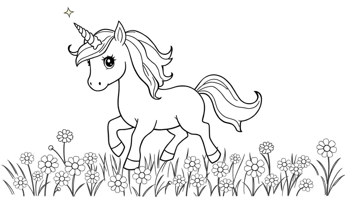 Placa de color de unicornio corriendo entre flores.