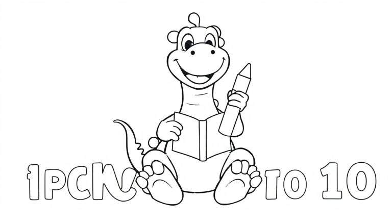 Un dibujo lineal de un dragón amigable sentado, leyendo un libro y sosteniendo un lápiz, con números delineados debajo.