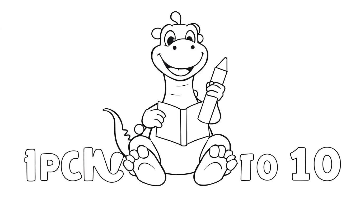Un dibujo lineal de un dragón amigable sentado, leyendo un libro y sosteniendo un lápiz, con números delineados debajo.