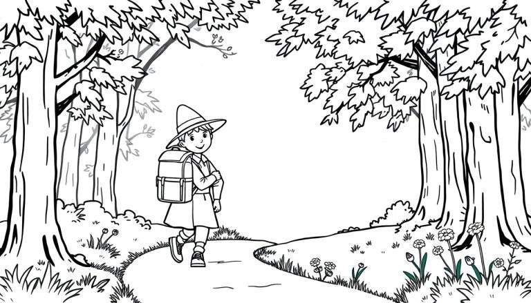 Niña peregrina para colorear con mochila y sombrero en un sendero boscoso. Placa de color.