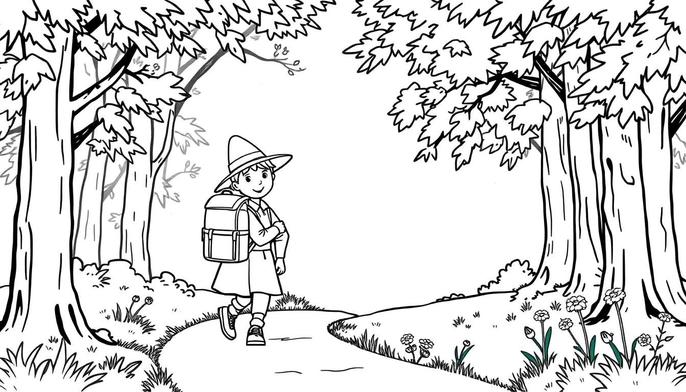 Niña peregrina para colorear con mochila y sombrero en un sendero boscoso. Placa de color.