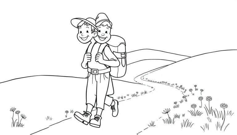 Una placa de color para colorear con dos amigos senderistas sonriendo.