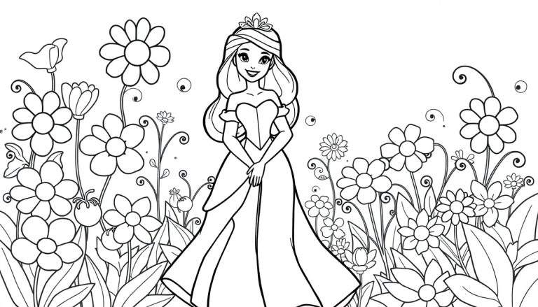 Placa de color de una princesa sonriente con tiara rodeada de flores mágicas.