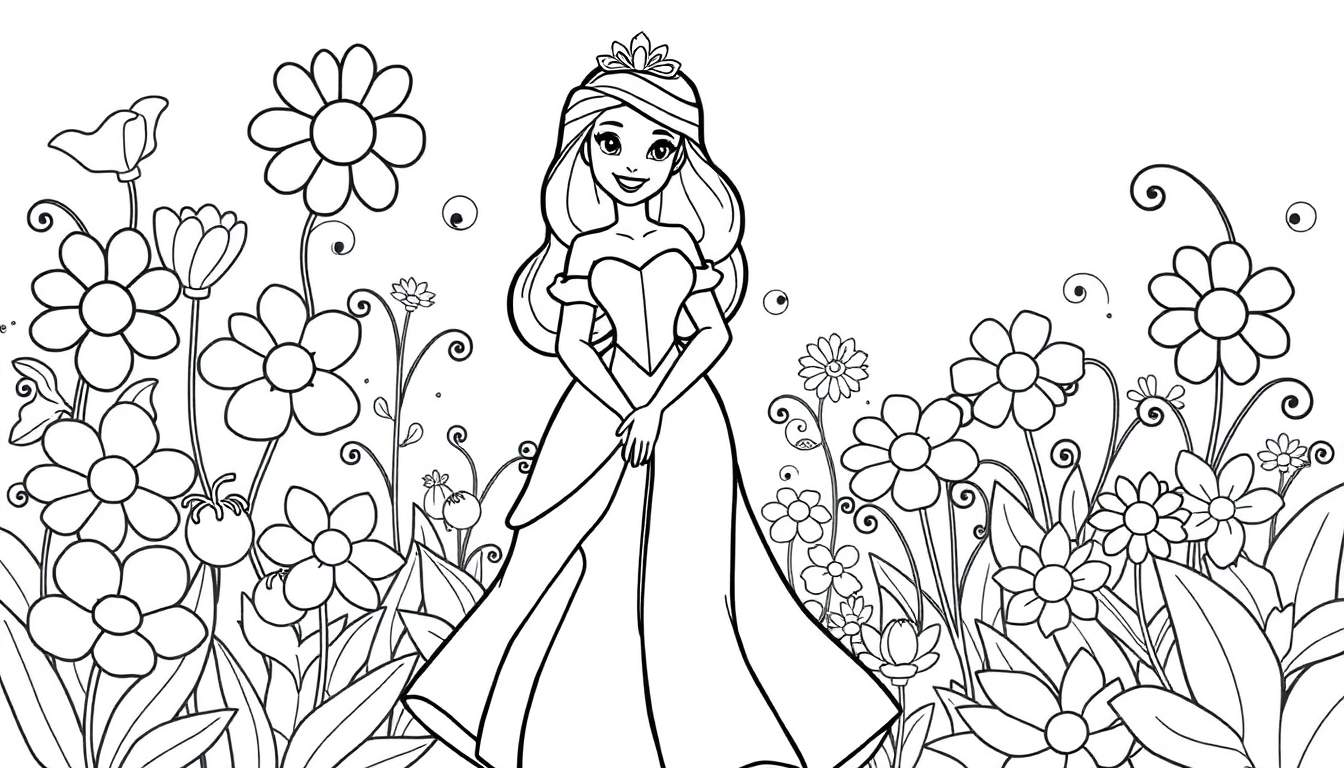 Placa de color de una princesa sonriente con tiara rodeada de flores mágicas.