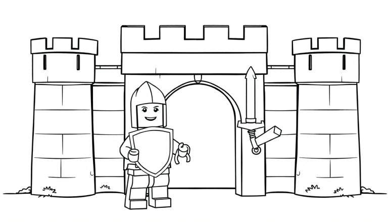 Placa de color de un caballero Lego sonriente delante de un castillo de juguete.