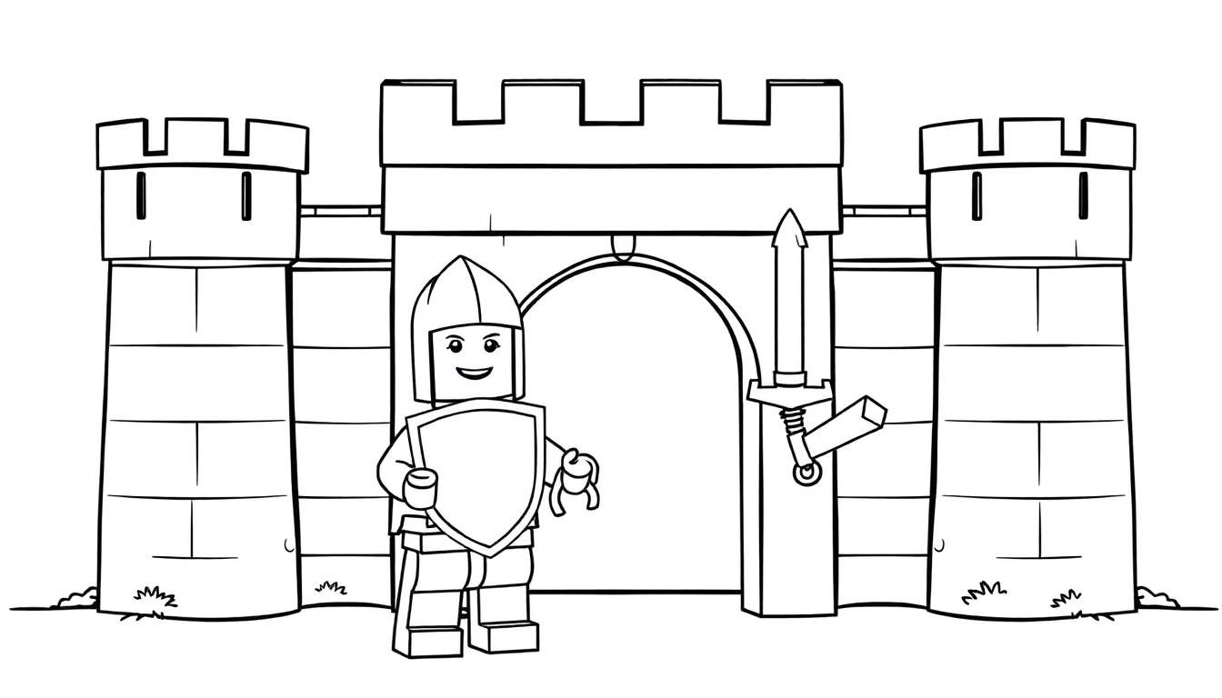 Placa de color de un caballero Lego sonriente delante de un castillo de juguete.