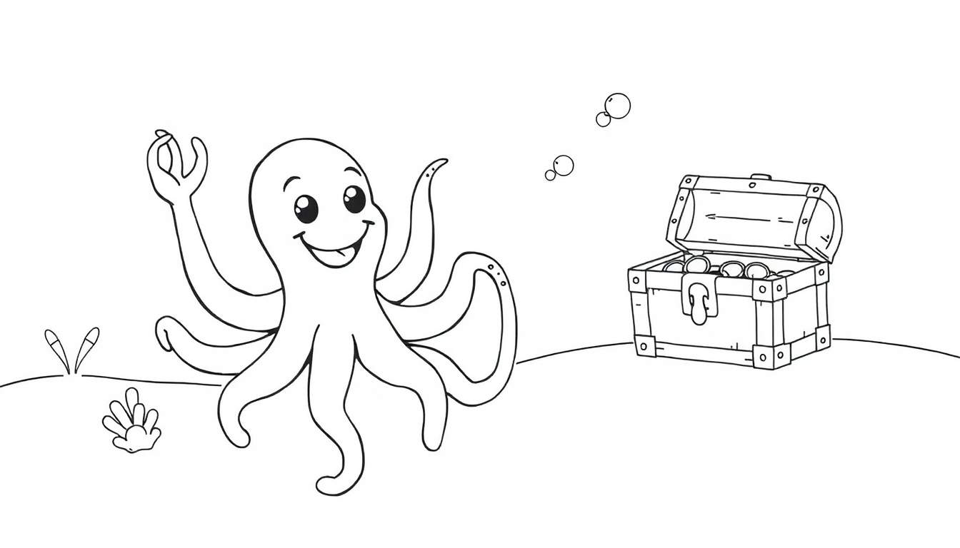 Página para colorear de un pulpo amigable junto a un tesoro brillante, con burbujas flotando en una placa de color submarina.