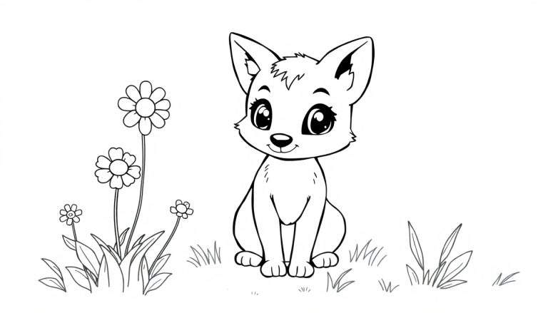 Placa de color: un tierno zorrito sentado entre flores y hierba.