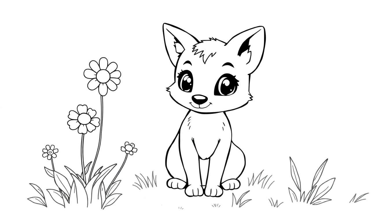 Placa de color: un tierno zorrito sentado entre flores y hierba.