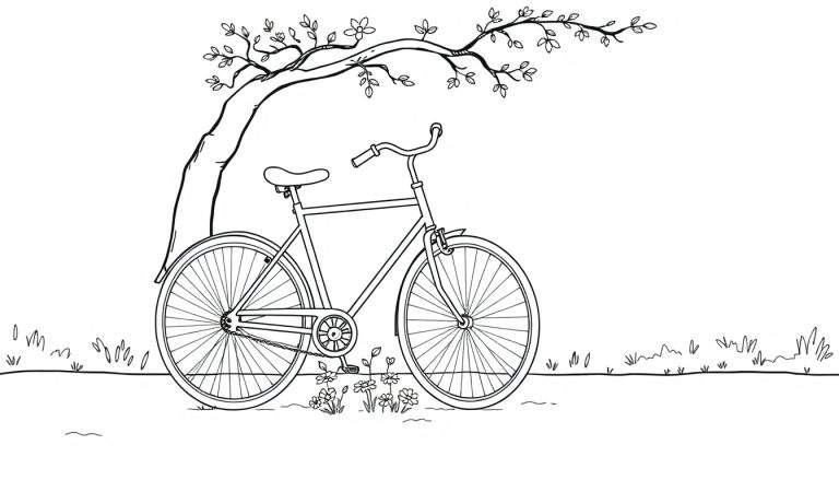 Una bicicleta clásica debajo de un árbol, lista para una aventura. ¡Añade tu toque de color a esta placa de color!