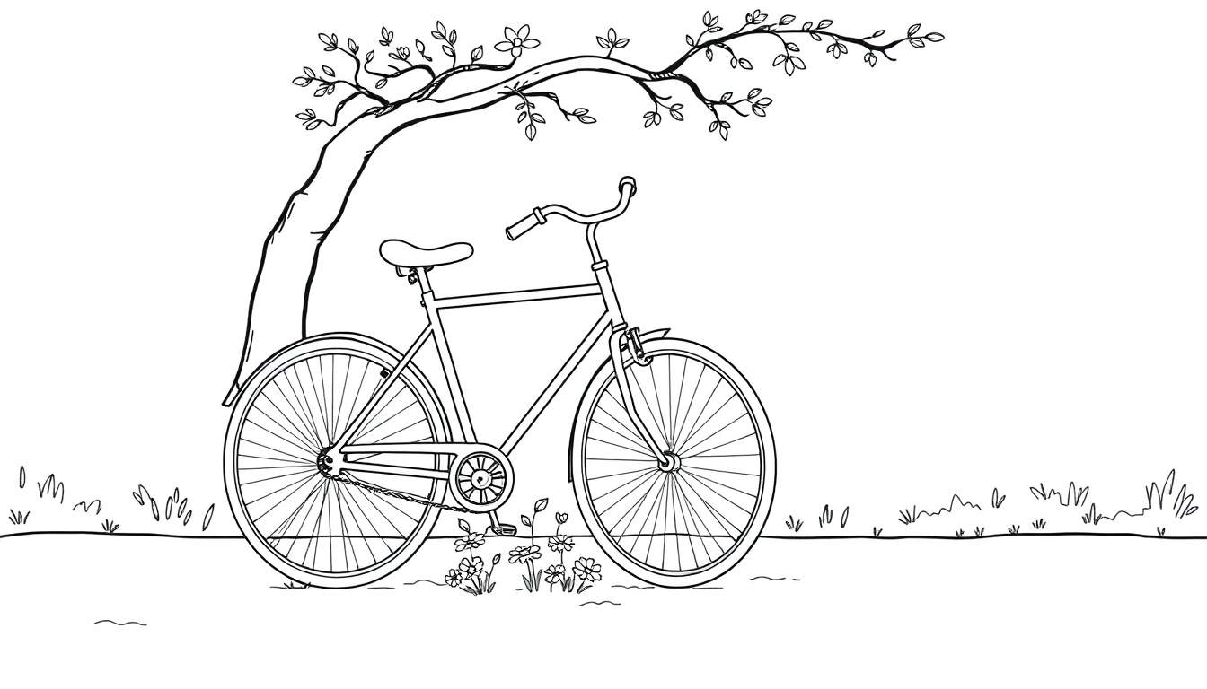 Una bicicleta clásica debajo de un árbol, lista para una aventura. ¡Añade tu toque de color a esta placa de color!