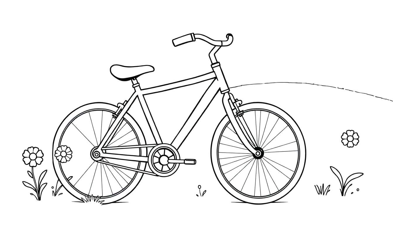 Placa de color de una bicicleta clásica en un campo con flores.