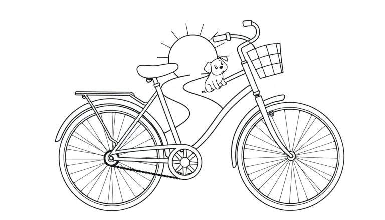 Una bicicleta de crucero para colorear con canasta, portaequipajes, un perrito y un sol estilizado.
