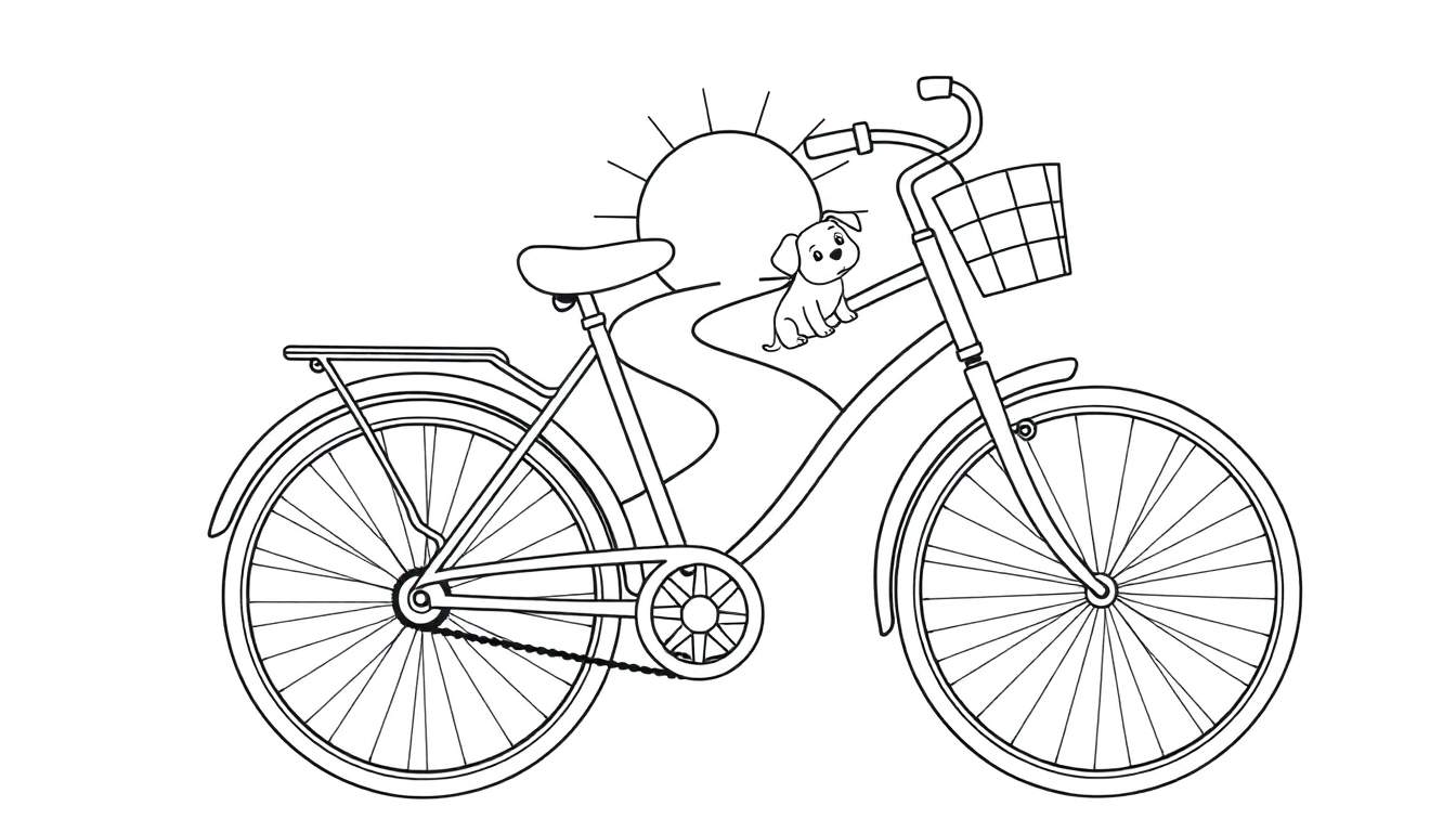 Una bicicleta de crucero para colorear con canasta, portaequipajes, un perrito y un sol estilizado.