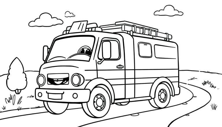 Camioneta caricaturizada con ojos grandes y parrilla sonriente en carretera, con baca en el techo y árbol estilizado.