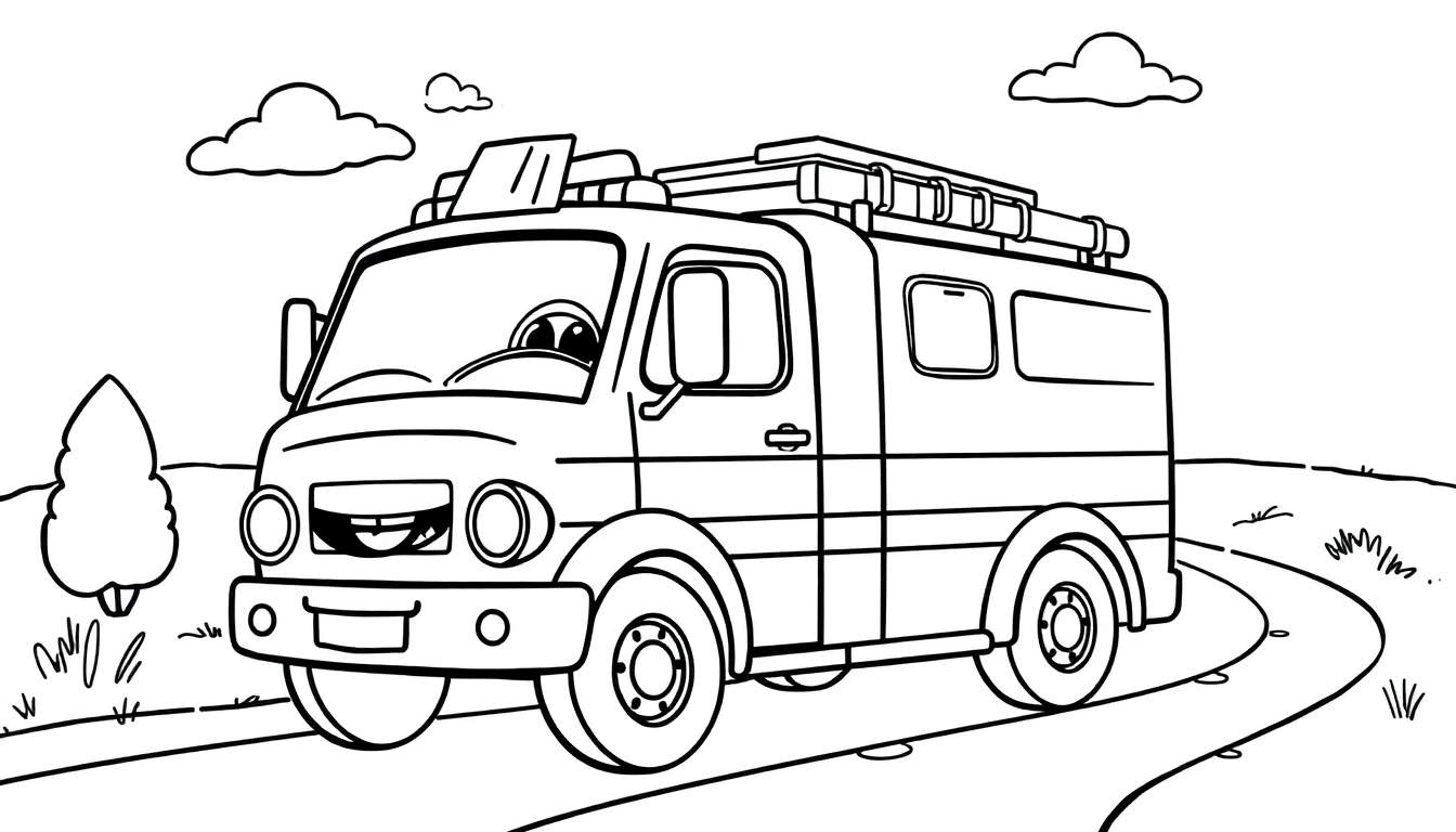 Camioneta caricaturizada con ojos grandes y parrilla sonriente en carretera, con baca en el techo y árbol estilizado.