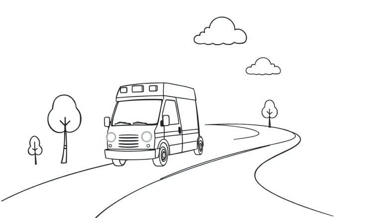 Dibujo para colorear de una ambulancia con placa de color en blanco y negro.