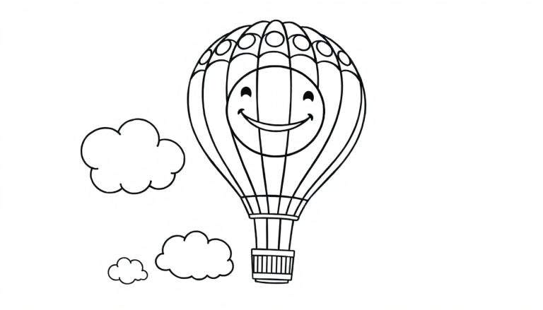 Un globo aerostático sonriente con una placa de color para colorear, flotando entre nubes.