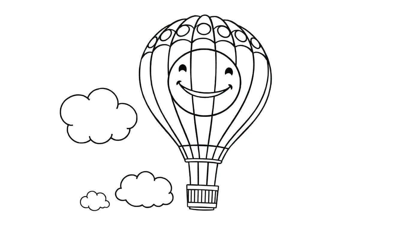 Un globo aerostático sonriente con una placa de color para colorear, flotando entre nubes.