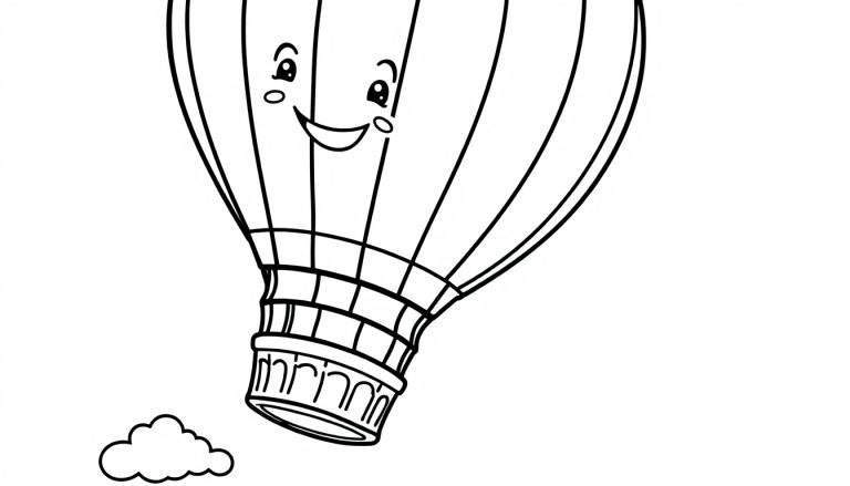 Placa de color de un globo aerostático amigable con rayas verticales y una canasta debajo, flotando cerca de una nube.