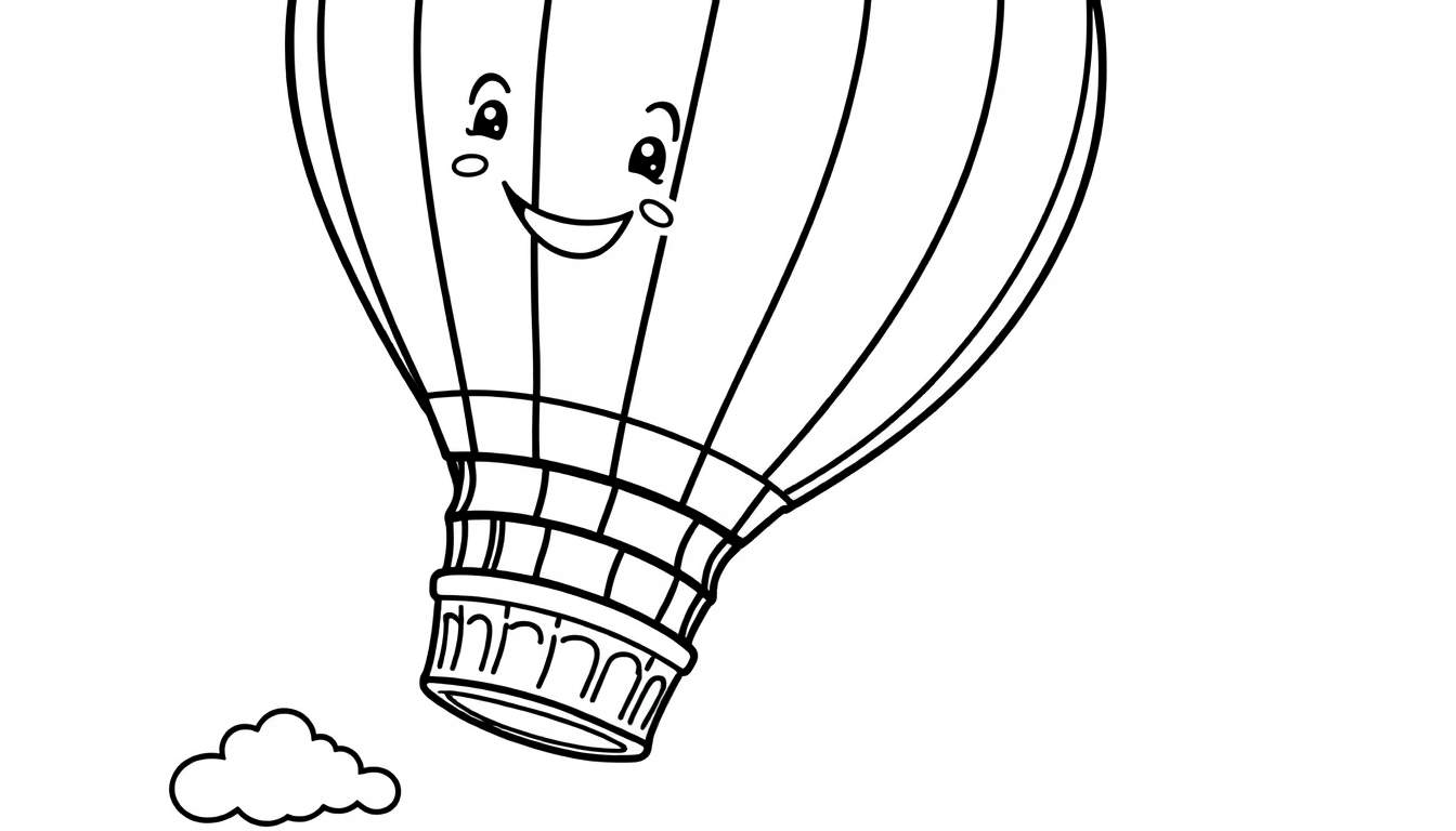 Placa de color de un globo aerostático amigable con rayas verticales y una canasta debajo, flotando cerca de una nube.