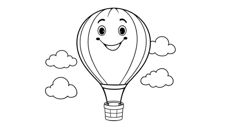 Un globo aerostático sonriente con diseño de placa de color flota entre nubes.