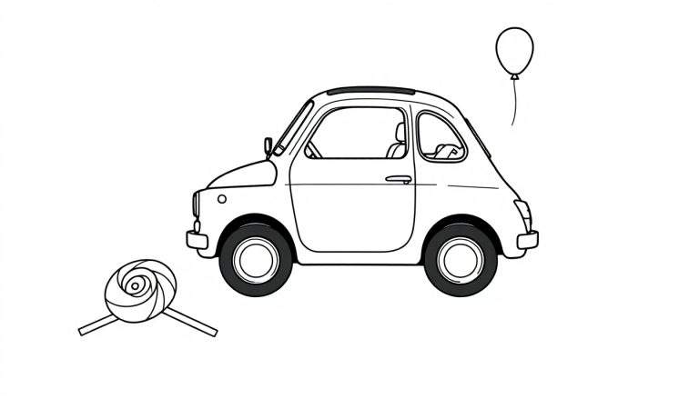 Un coche de juguete clásico para colorear, con una piruleta y un globo, todo en una placa de color.