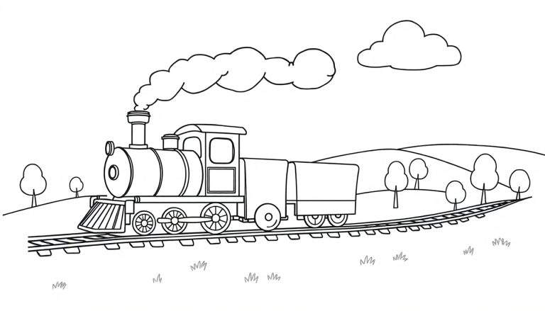 Un tren de vapor amigable con una chimenea humeante en una página para colorear de placa de color.