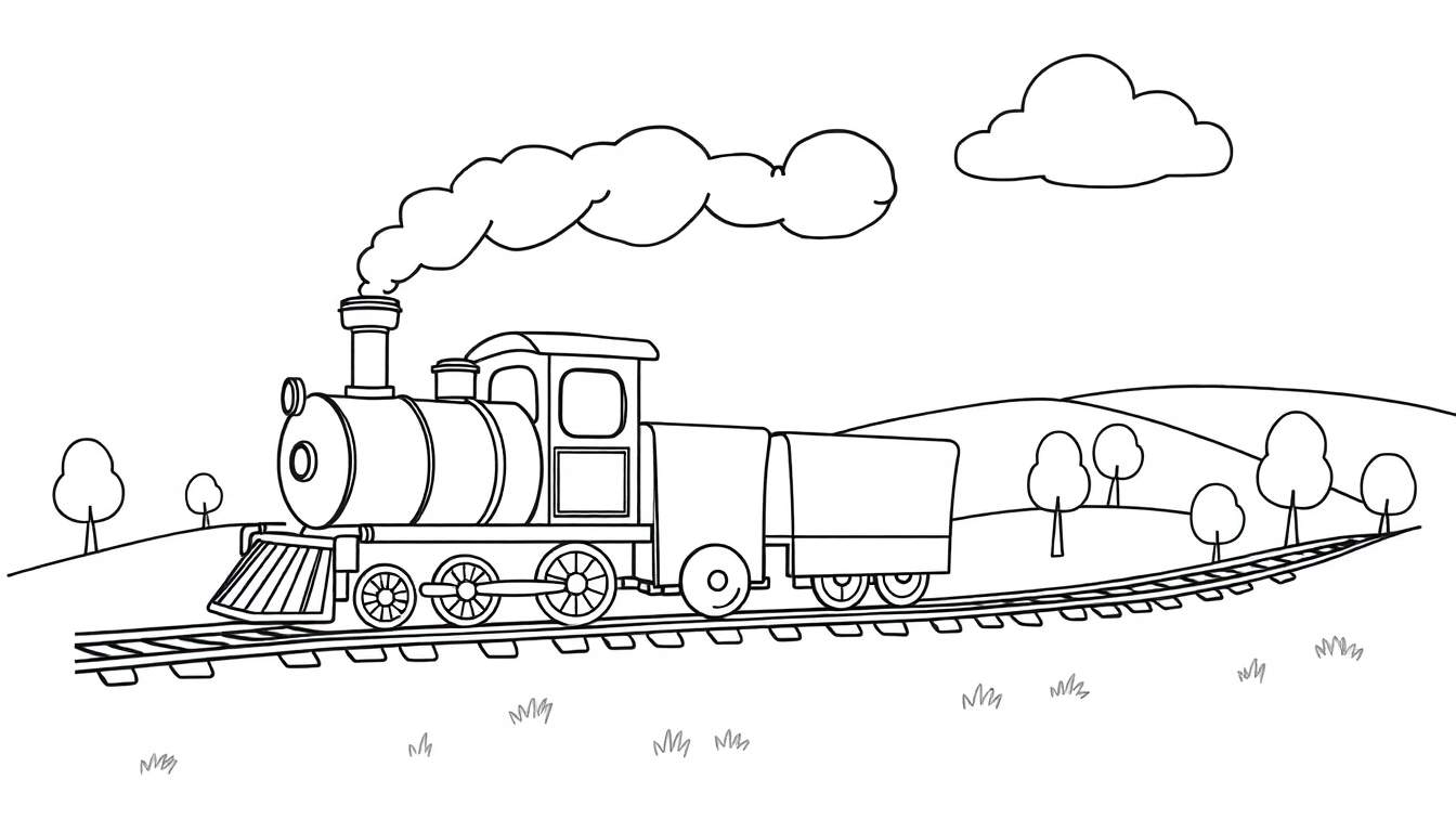 Un tren de vapor amigable con una chimenea humeante en una página para colorear de placa de color.