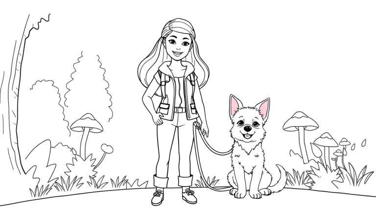Placa de color de una chica de dibujos animados y su perro en un campo con setas.