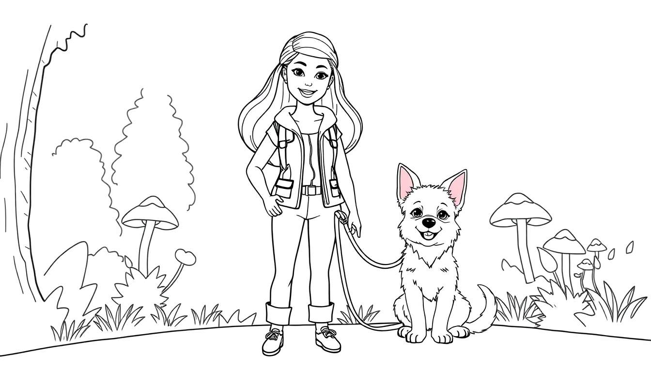 Placa de color de una chica de dibujos animados y su perro en un campo con setas.
