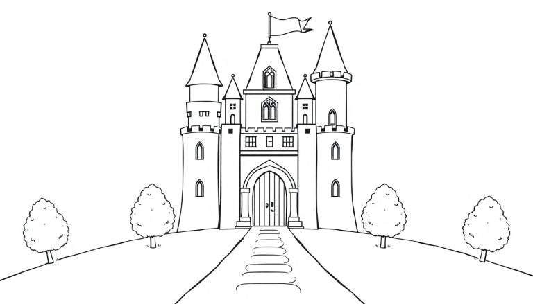 Placa de color de un castillo de cuento de hadas en blanco y negro en la cima de una colina con una bandera ondeando.