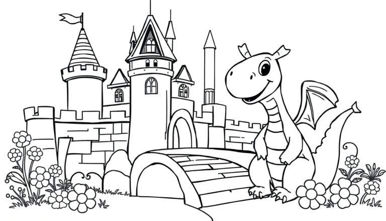 Una página para colorear de un castillo de cuento de hadas con un dragón sonriente, lista para colorear con placa de color.