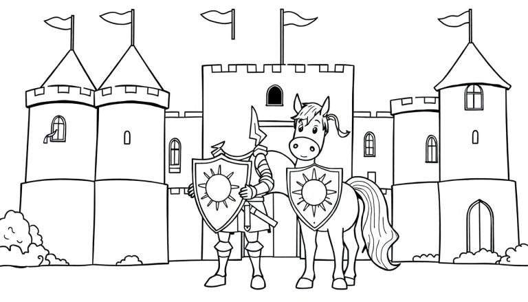Caballero y caballo frente a un castillo para colorear en una placa de color.