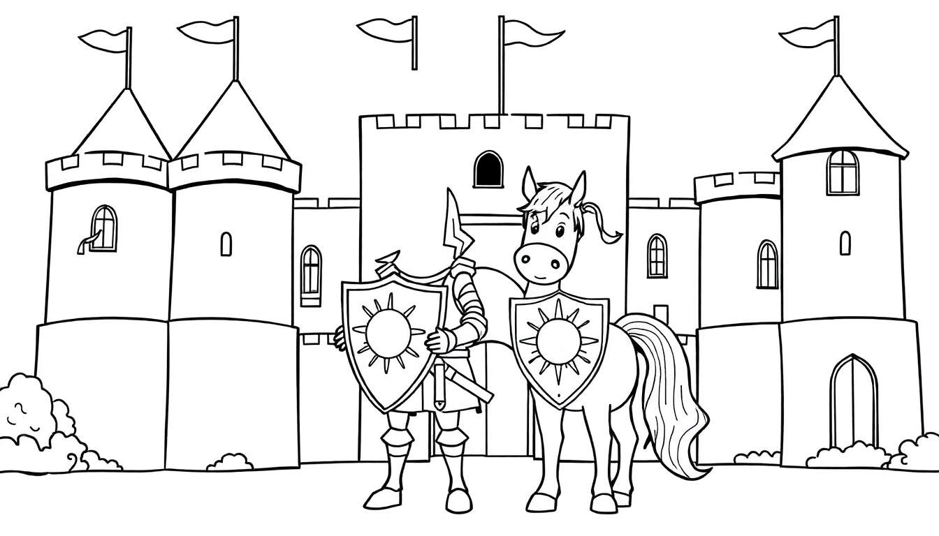 Caballero y caballo frente a un castillo para colorear en una placa de color.
