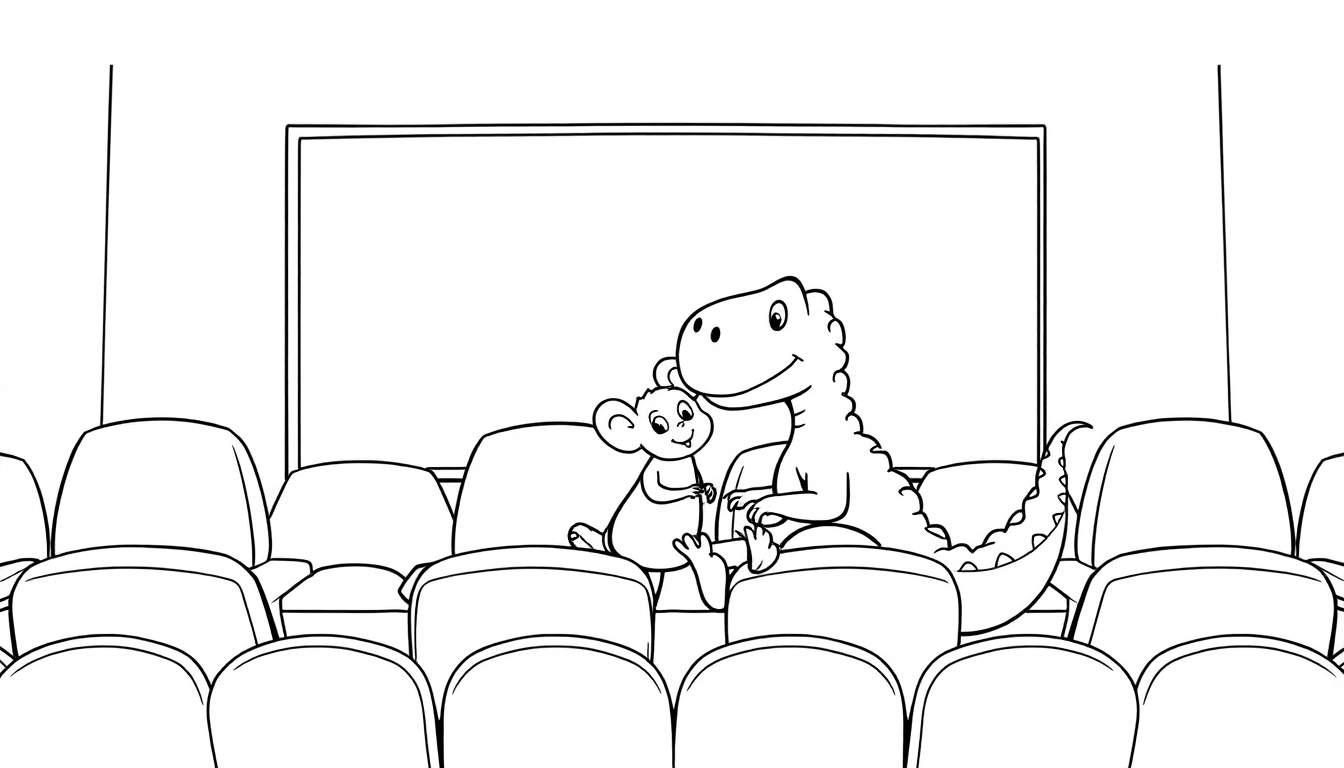Un ratoncito y un dinosaurio sonriendo viendo una película en un cine. Página para colorear, placa de color.