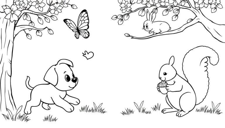 Una ilustración en blanco y negro de una placa de color que muestra animales en la naturaleza.