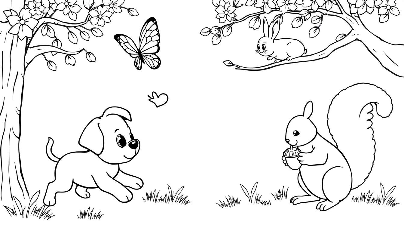 Una ilustración en blanco y negro de una placa de color que muestra animales en la naturaleza.