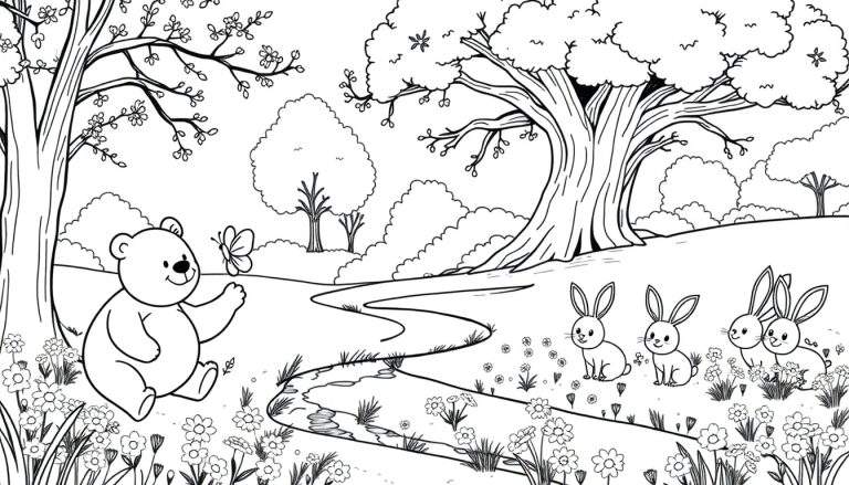 Placa de color de un oso de dibujos animados mirando una mariposa cerca de un arroyo con conejos.