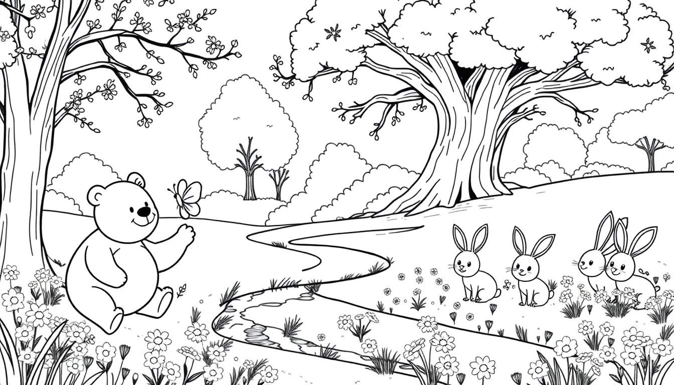 Placa de color de un oso de dibujos animados mirando una mariposa cerca de un arroyo con conejos.
