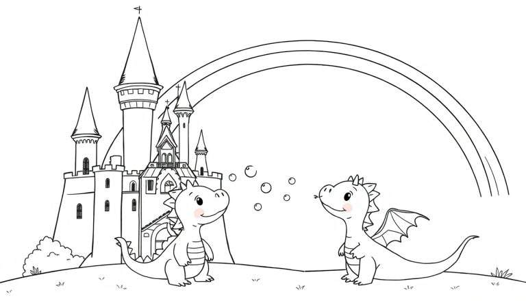 Placa de color de un castillo de cuento de hadas con dos dragones amigables y un arcoíris.