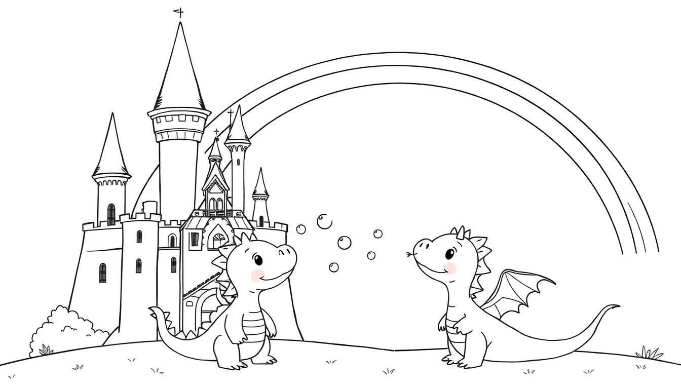 Placa de color de un castillo de cuento de hadas con dos dragones amigables y un arcoíris.