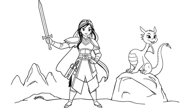 Una joven guerrera con armadura y capa, lista para la batalla, sostiene una espada en alto, junto a un dragón amigable sentado en una roca y montañas al fondo. Una placa de color para que los niños coloreen.