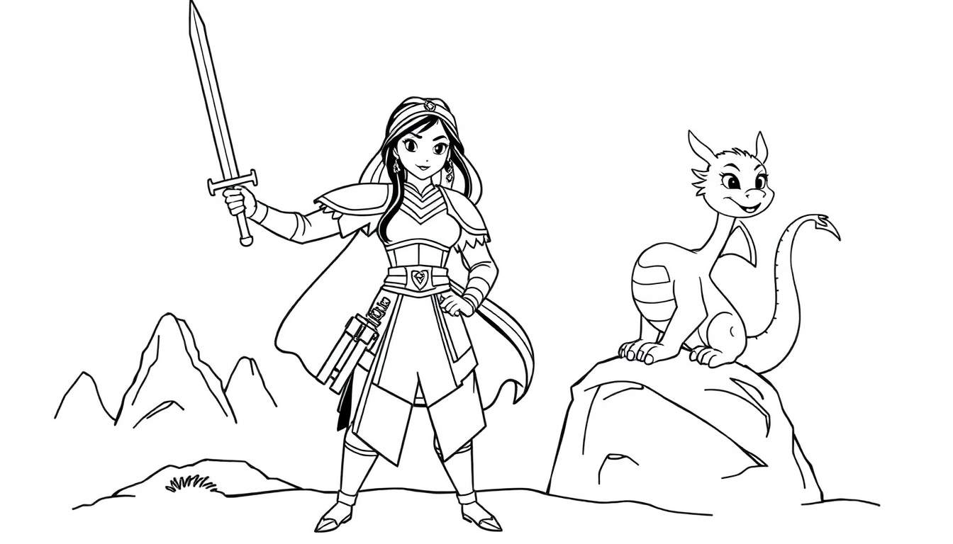 Una joven guerrera con armadura y capa, lista para la batalla, sostiene una espada en alto, junto a un dragón amigable sentado en una roca y montañas al fondo. Una placa de color para que los niños coloreen.