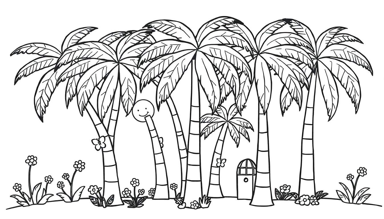 Placa de color de un paisaje tropical con palmeras y un personaje de dibujos animados.