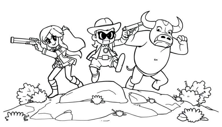 Página para colorear con tres personajes de Brawl Stars en acción.