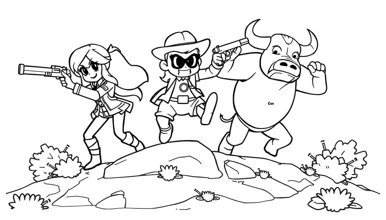 Página para colorear con tres personajes de Brawl Stars en acción.