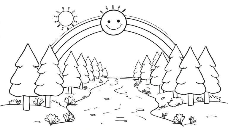 Un camino en un bosque con dos soles y un arco iris, listo para colorear con la placa de color.