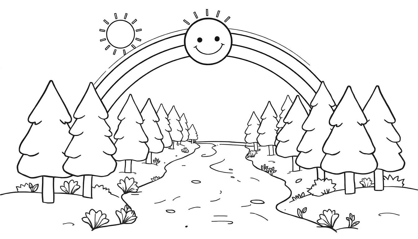 Un camino en un bosque con dos soles y un arco iris, listo para colorear con la placa de color.